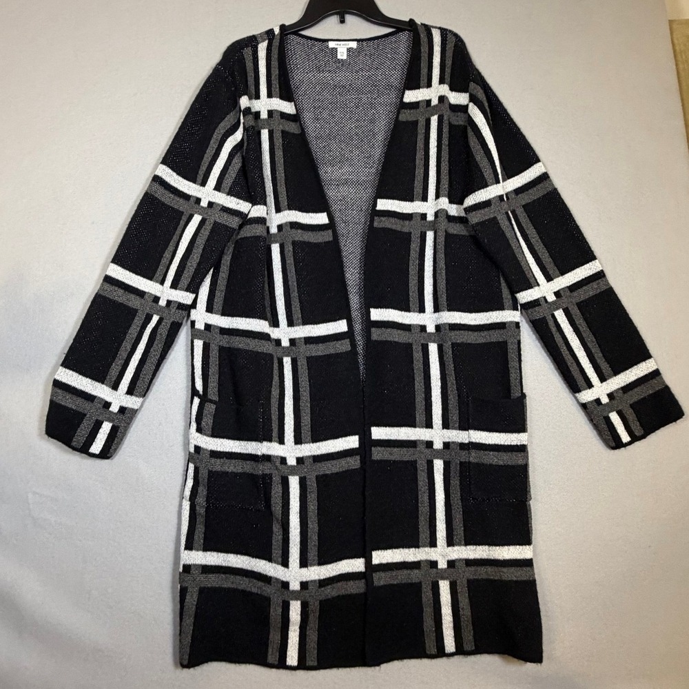 Nine West Womens XXL Black White Windowpane Plaid Open Front Longline Cardigan